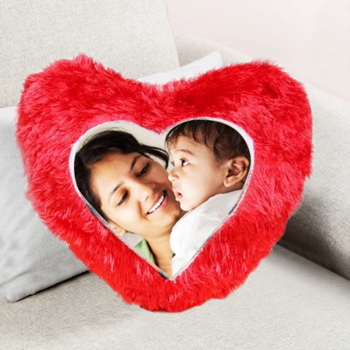 heart shape red fur cushion for mothers day