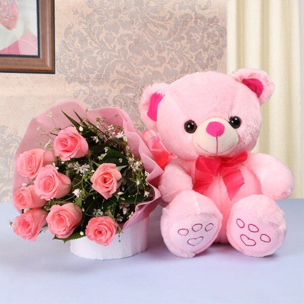 Pink Roses with Teddy Bear Combo